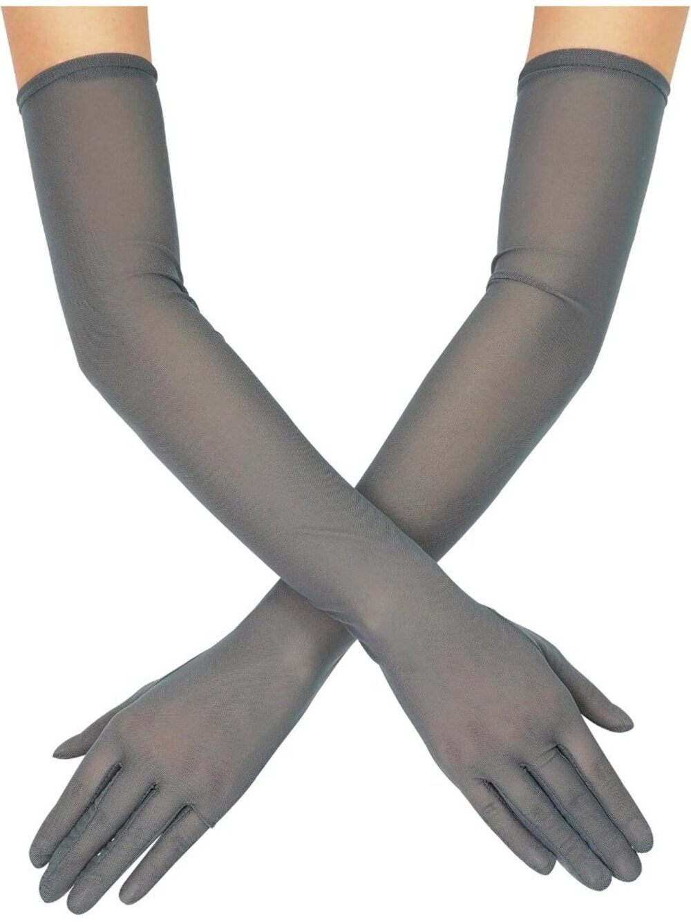 Women's Grey 1920s Stretchy Elbow Length Long Sheer Mesh Tulle Opera Gloves